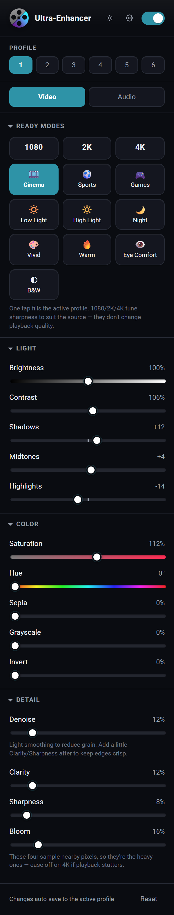 Ultra Enhancer extension panel, dark theme — profiles, Video/Audio tabs, Ready Modes, and Light, Color and Detail sliders.