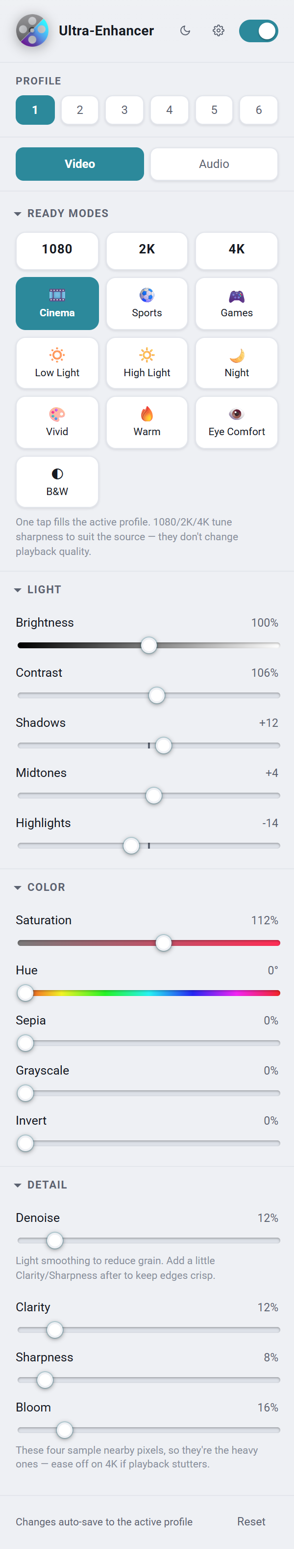 Ultra Enhancer extension panel, light theme — profiles, Video/Audio tabs, Ready Modes, and Light, Color and Detail sliders.